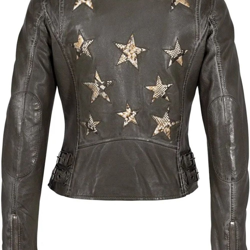 Leather Moto Jacket Star Snakeskin Boho Western Cowgirl Lightweight Coat Green - Picture 4 of 6